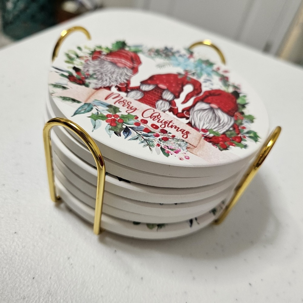 NEW Gnome Christmas Bar Coasters Set of 6 Absorbent Stone Coasters w Holder - Picture 6 of 7